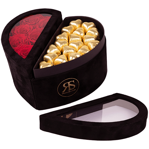 Chocolade box zwart met rode rozen en gouden chocolade hartjes